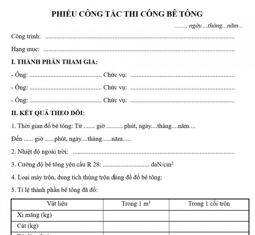Mẫu phiếu công tác thi công bê tông