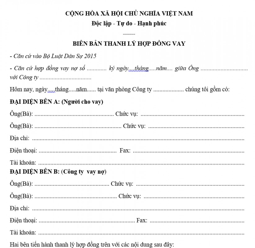 Mẫu biên bản thanh lý hợp đồng vay tài sản mới nhất