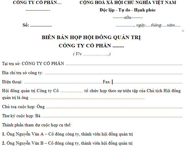 Mẫu biên bản họp hội đồng quản trị