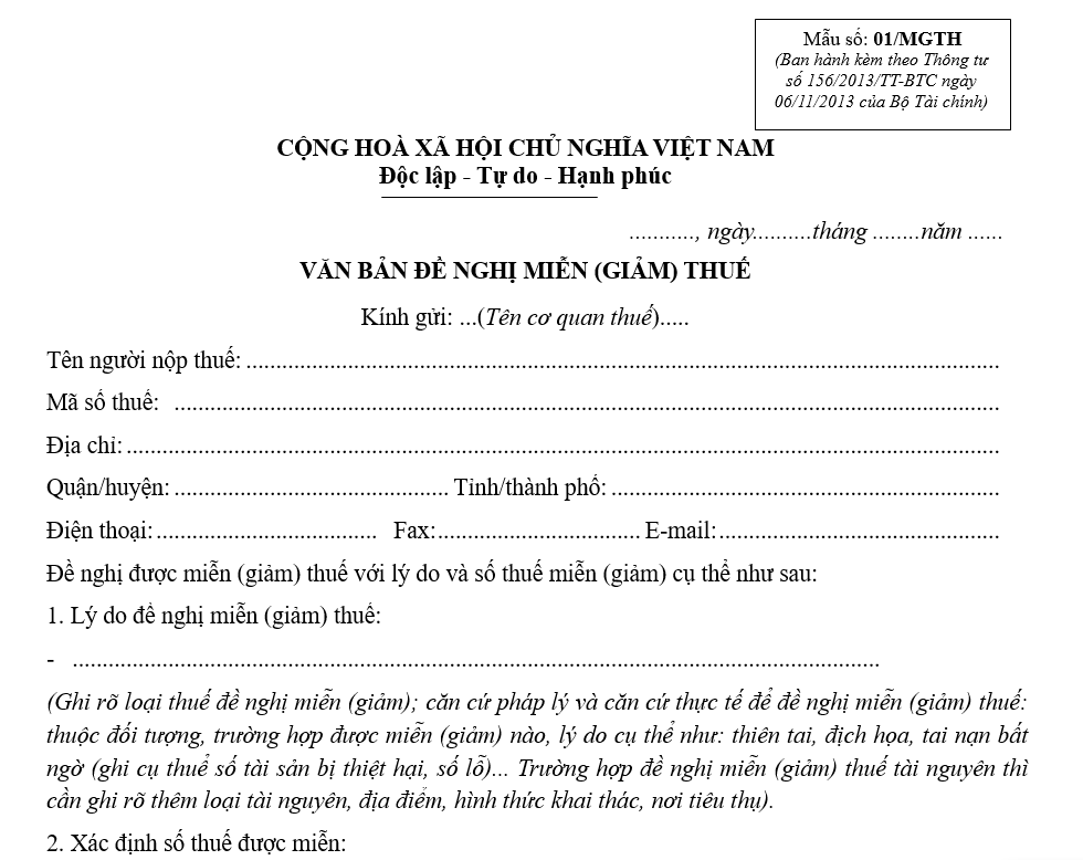 Văn bản đề nghị miễn (giảm) thuế