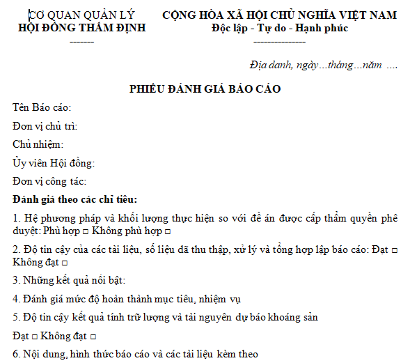 Mẫu phiếu đánh giá báo cáo