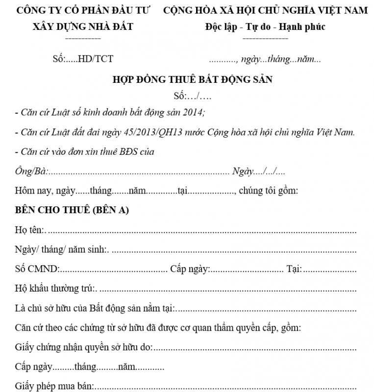 Mẫu hợp đồng thuê bất động sản mới