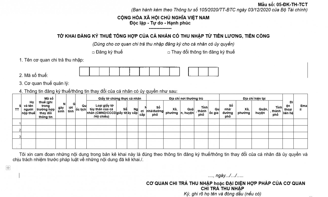 Tờ khai đăng ký thuế tổng hợp cho cá nhân