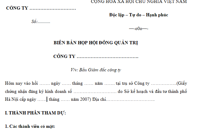 Mẫu biên bản họp bầu giám đốc, tổng giám đốc