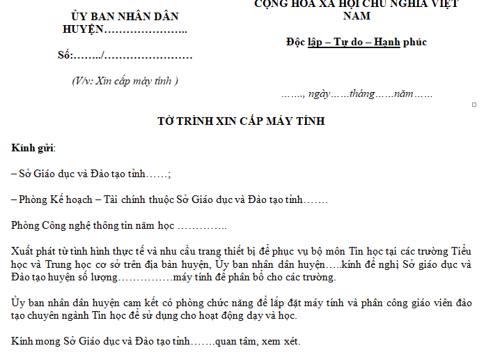 Mẫu tờ trình xin hỗ trợ mua máy tính, vật tư văn phòng