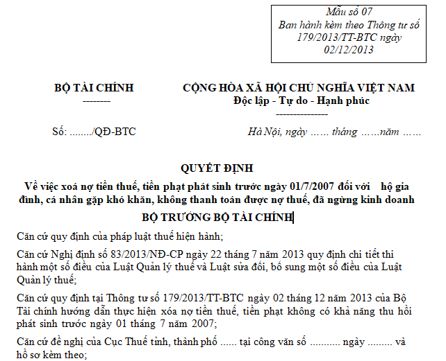Quyết định về việc xóa nợ tiền thuế, tiền phạt