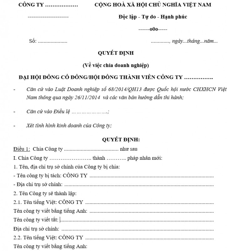 Mẫu quyết định chia doanh nghiệp