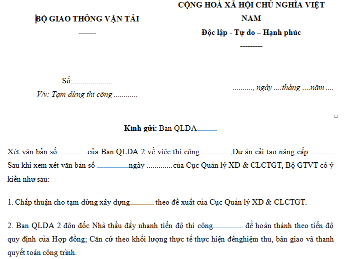 Mẫu công văn dừng thi công mới nhất