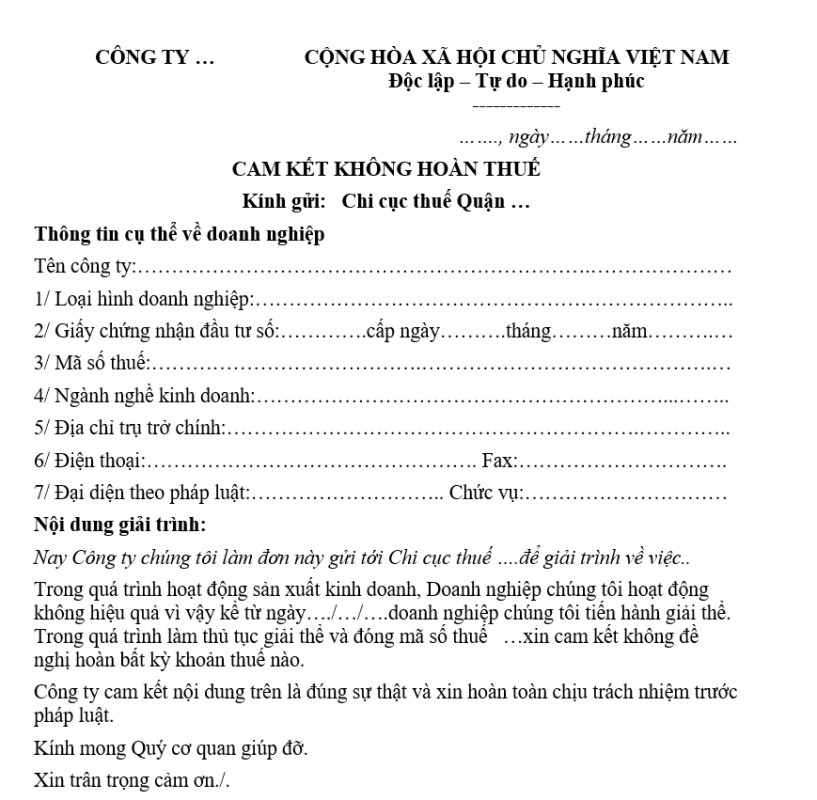 Mẫu cam kết không hoàn thuế