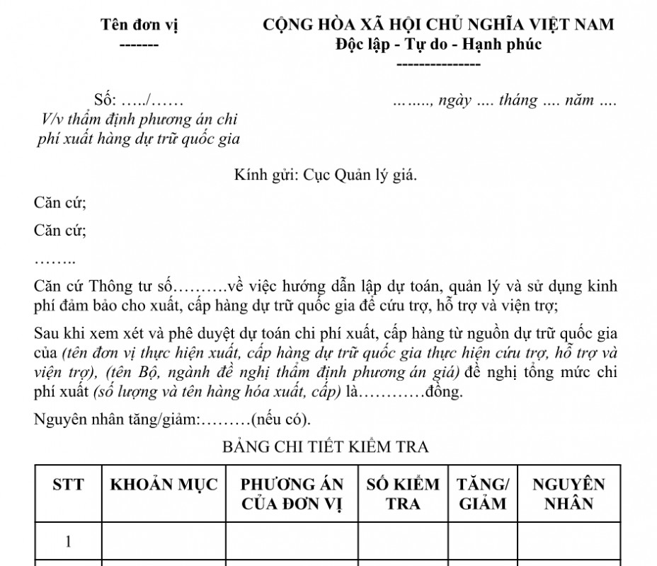 Mẫu thẩm định phương án chi phí xuất hàng dự trữ quốc gia
