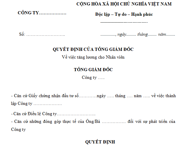 Mẫu quyết định tăng lương cho nhân viên