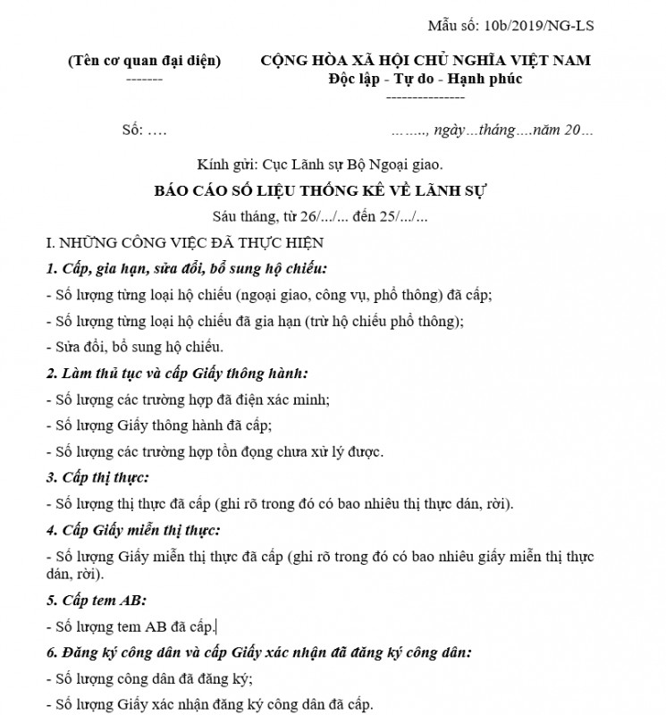 Mẫu báo cáo số liệu thống kê về lãnh sự