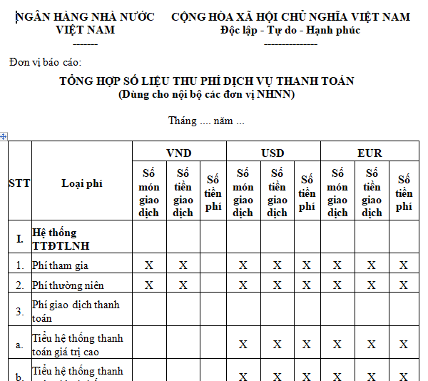 Mẫu tổng hợp số liệu thu phí dịch vụ thanh toán