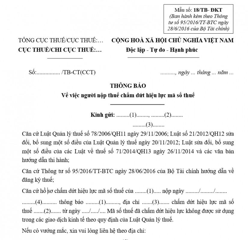 Thông báo về việc người nộp thuế chấm dứt hiệu lực mã số thuế