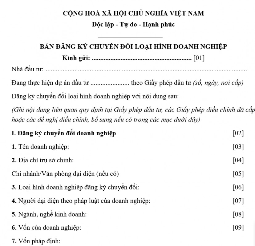 Mẫu bản đăng ký chuyển đổi loại hình doanh nghiệp