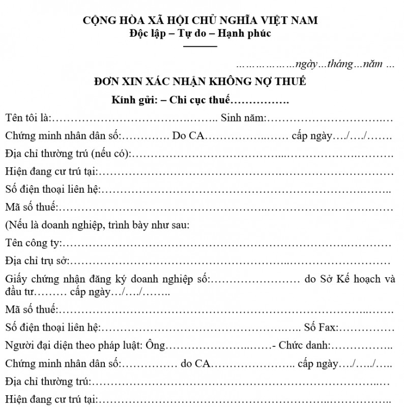 Mẫu đơn xin xác nhận không nợ thuế