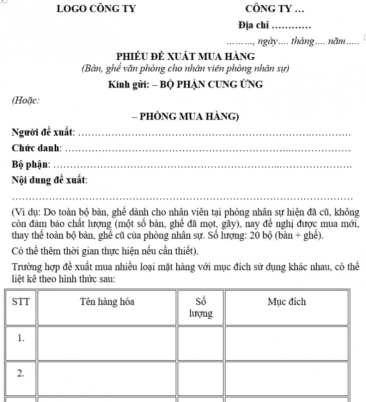 Mẫu đơn đề xuất mua hàng