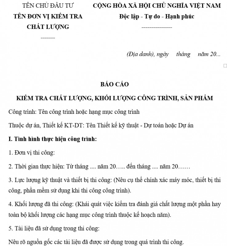 Báo cáo kiểm tra chất lượng, khối lượng công trình, sản phẩm