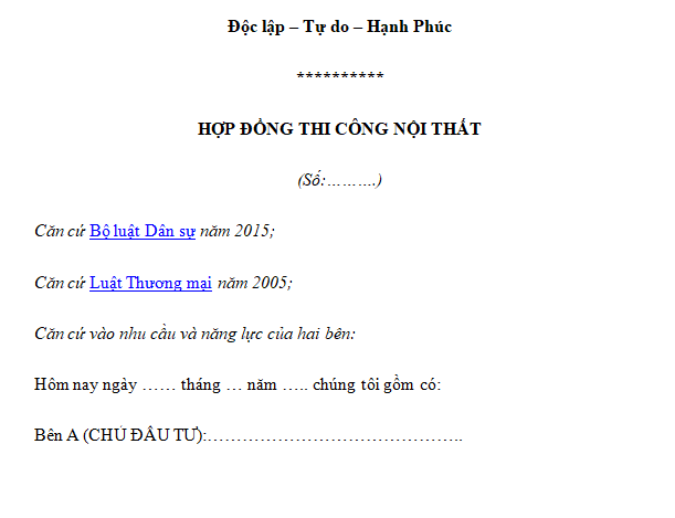 Mẫu hợp đồng thi công nội thất mới