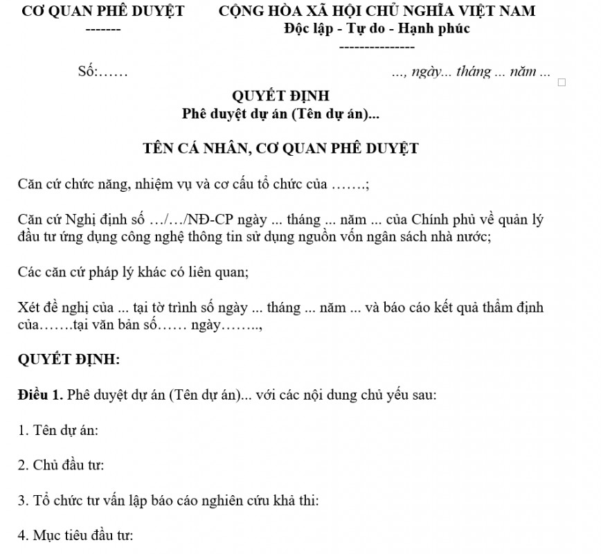 Mẫu quyết định phê duyệt dự án công nghệ thông tin