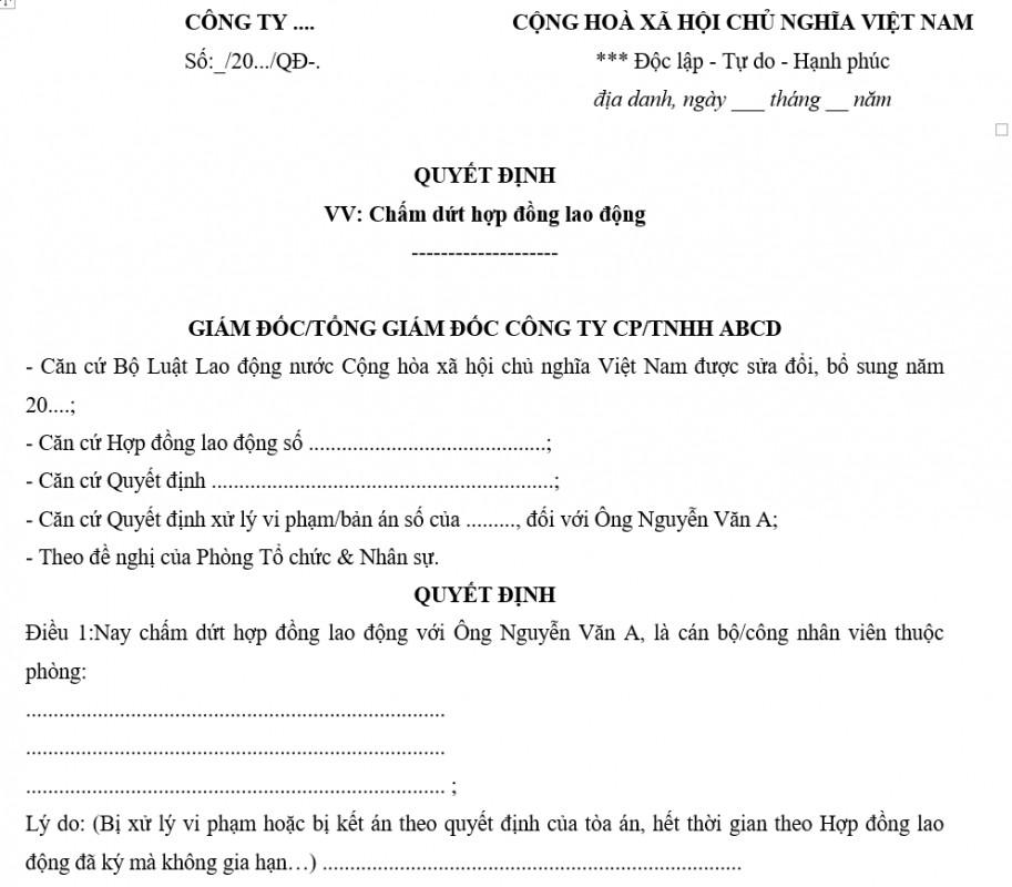 Mẫu Quyết định chấm dứt hợp đồng lao động mới