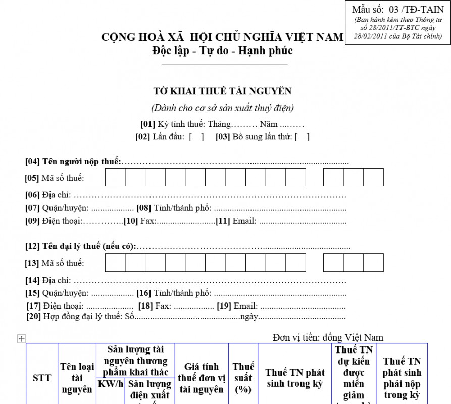 Tờ khai thuế tài nguyên (dành cho cơ sở sản xuất thủy điện)