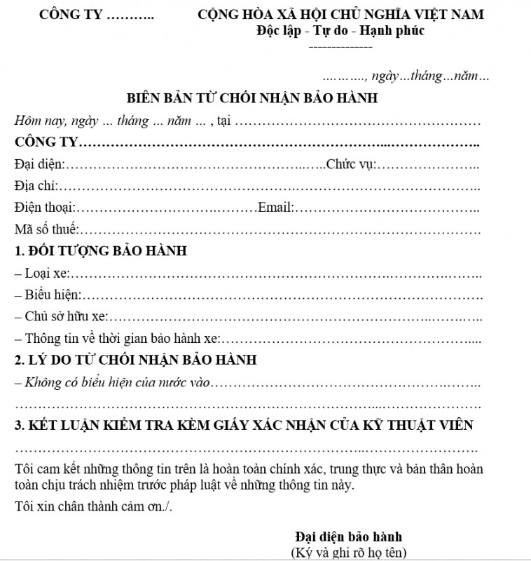 Mẫu biên bản từ chối nhận bảo hành