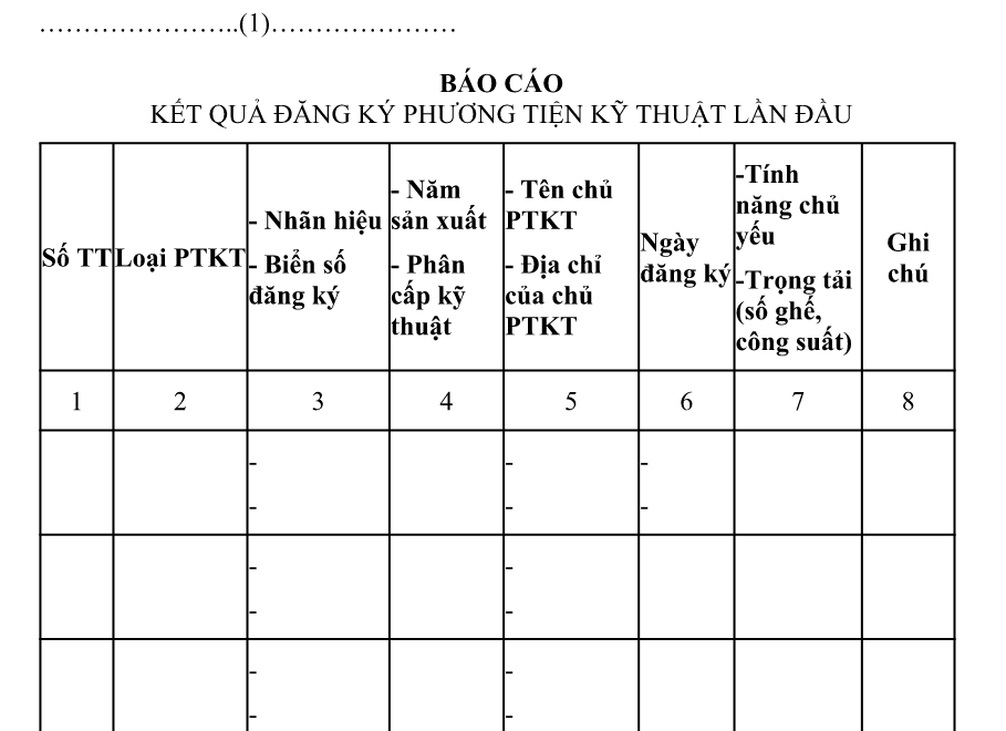 Mẫu báo cáo kết quả đăng ký phương tiện kỹ thuật lần đầu