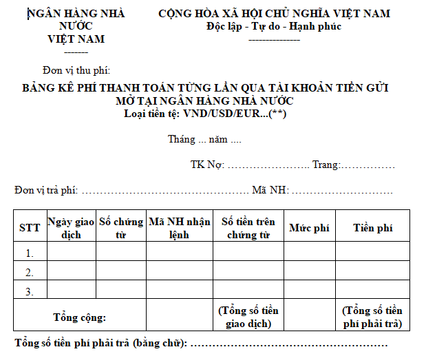 Mẫu bảng kê phí thanh toán từng lần qua tài khoản tiền gửi