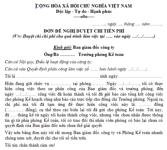 Mẫu đơn đề nghị duyệt chi tiền phí