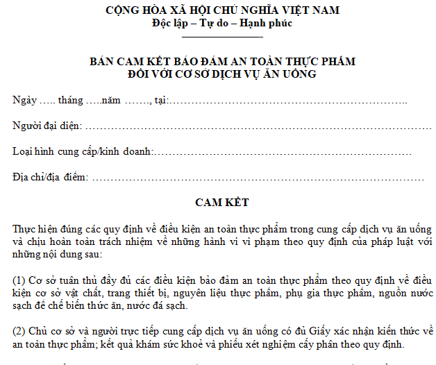 Mẫu cam kết bảo đảm vệ sinh an toàn thực phẩm mới