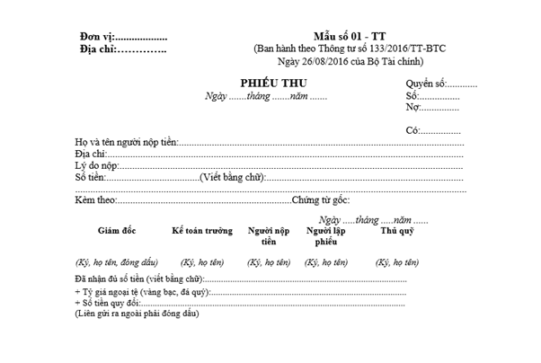 Mẫu Phiếu thu và hướng dẫn cách lập theo Thông tư 133