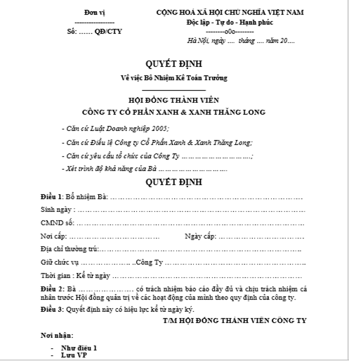 Quyết định bổ nhiệm kế toán trưởng